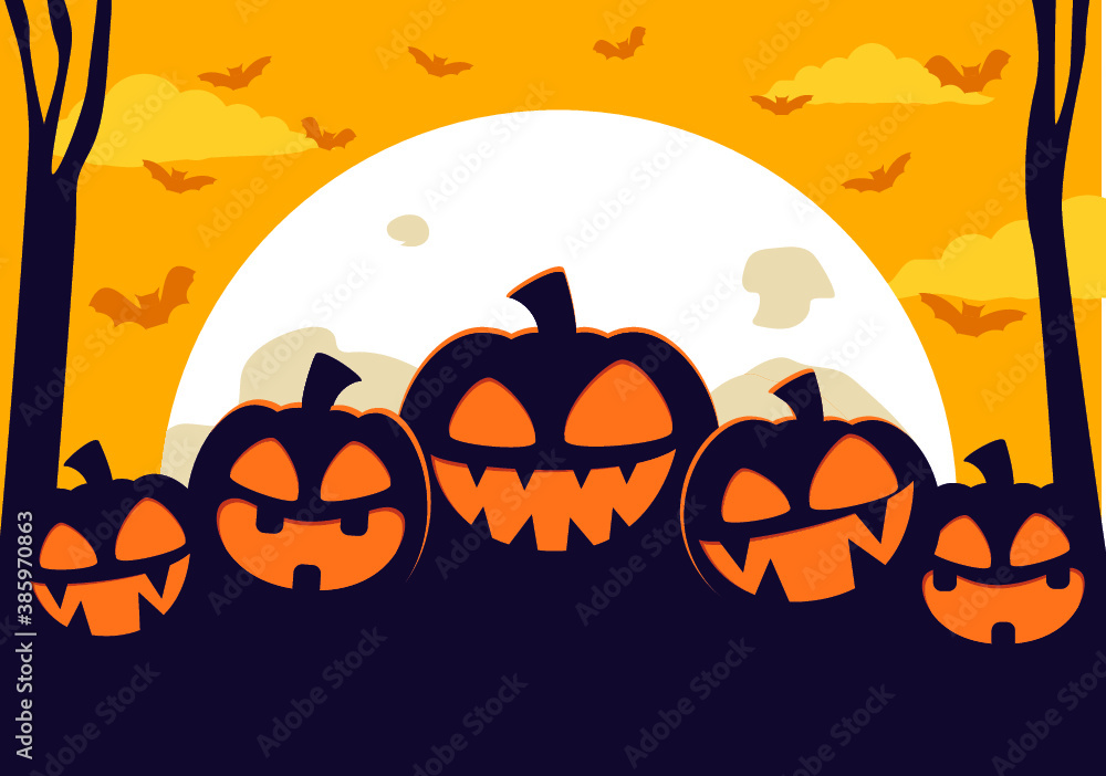 Halloween background with scary zombie and fearfulness running man, illustration.