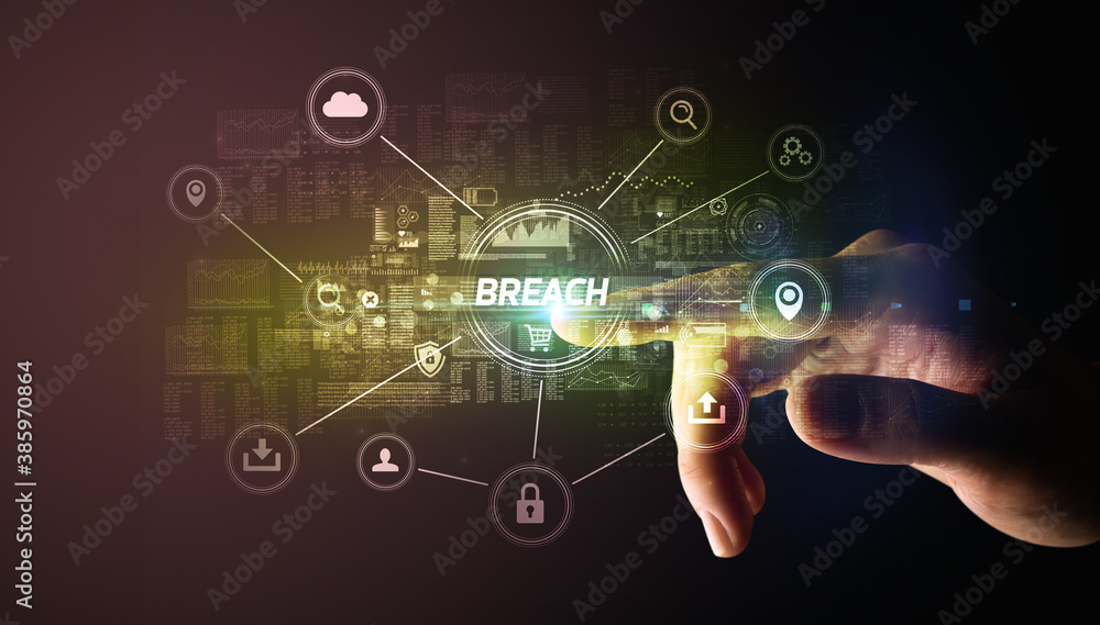 Hand touching BREACH inscription, Cybersecurity concept