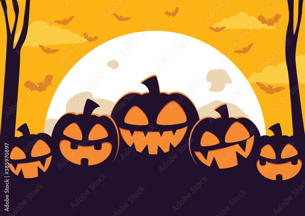 Halloween background with scary zombie and fearfulness running man, illustration.