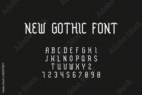 Gothic font. Geometric medieval alphabet with uppercase letters and numbers. Stylized Latin signs collection on black background. Vintage typeface for labels and poster headers vector illustration