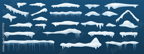 Winter ice caps. Cartoon piles of snow and ice icicles, frozen water drops. White snowcaps roofs and windows decorative element, snowy top effect. Cold season template, vector snowdrift isolated set