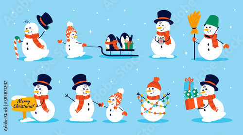 Snowman character. Cartoon collection of cute Christmas snowmen in different costume with gloves scarf and winter hat for festive kids illustration and greeting cards happy xmas holiday vector set