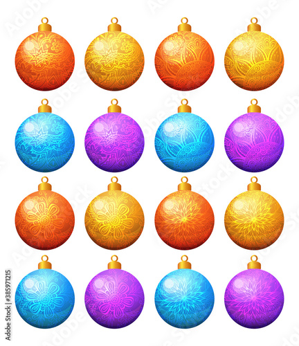 Christmas Tree Ornaments, Set Glass Golden, Lilac and Blue Balls with a Contour Floral Pattern. Vector
