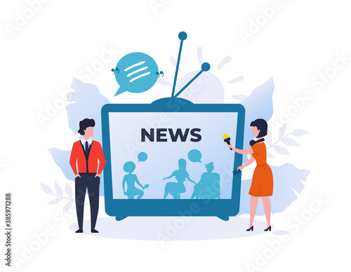 Journalist interviews movie star or politician. News or talk show on TV. Cartoon man and woman discussion live broadcasting, correspondent asks questions with microphone. Vector reportage concept