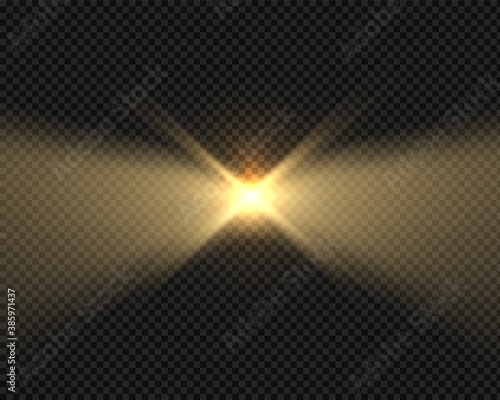 Glow beacon beam effect, realistic glow projector or headlight ray. Isolated lighthouse lights in night. Yellow flash decorative element template. Vector blinding spotlight on transparent background