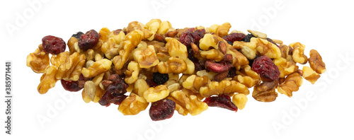 Side view of healthy trail mix with nuts and fruit isolated on a white background