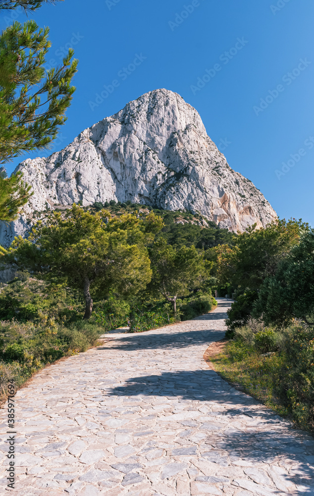 A stone road leading to the Penon de Ifach mountain surrounded by a green forest. Calpe province of Alicante, Valencian Community, Spain. Vertical.