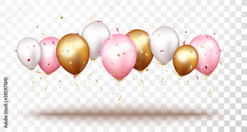 Celebration banner with gold confetti and balloons