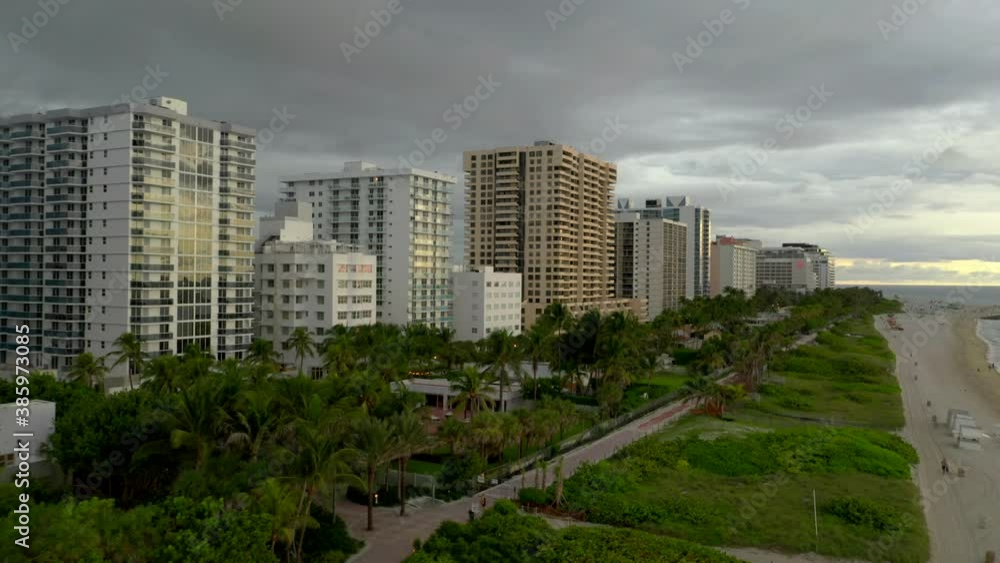 Aerial Miami Beach boardwalk and condominium buildings Aerial Miami Beach boardwalk and condominium buildings