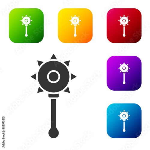 Black Medieval chained mace ball icon isolated on white background. Medieval weapon. Set icons in color square buttons. Vector.