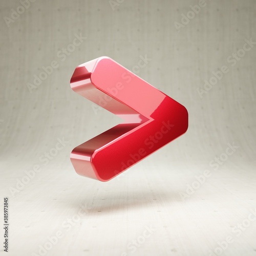 Greater Than icon. Red glossy metallic Greater Than symbol isolated on white concrete background.