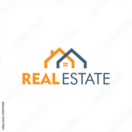 Real Estate Logo Template. Orange and Blue House Symbol Geometric Linear Style isolated on White Background. Fit for Construction Architecture Building Logo Design Template Element.