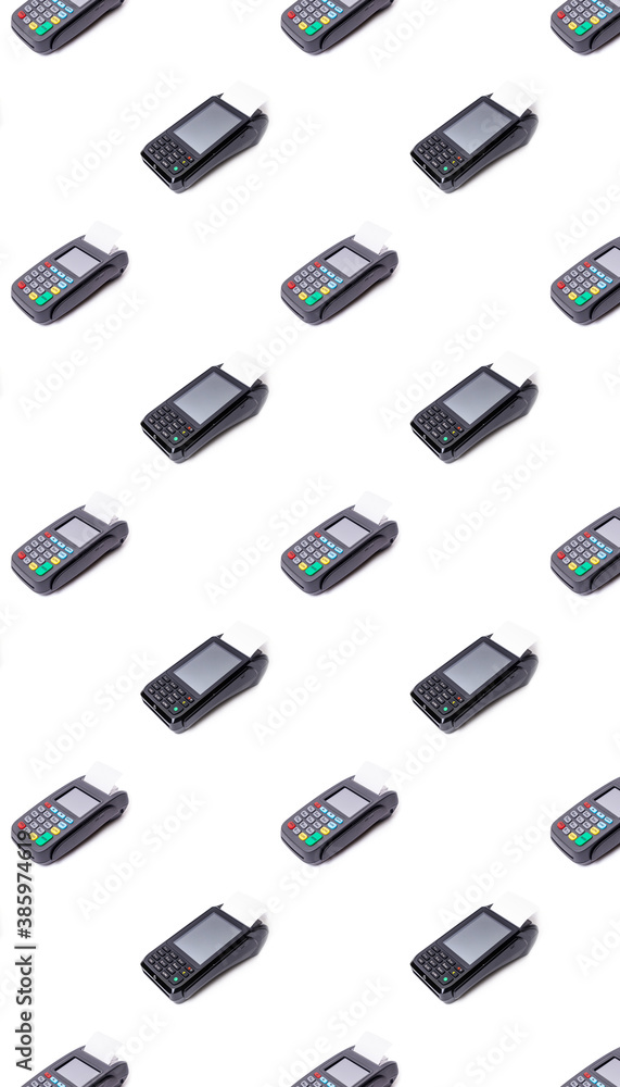 Pos terminal on light background. Banking equipment. Acquiring. Acceptance of bank credit cards. Contactless payment. Long horizontal banner.. Pos terminal on light background. Banking equipment. Acquiring. Acceptance of bank credit cards. Contactless payment. Long horizontal banner..