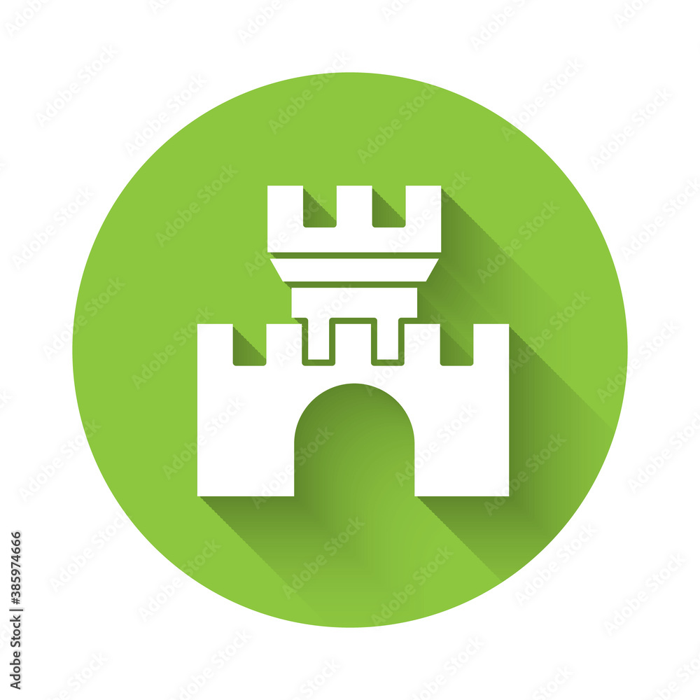 White Castle icon isolated with long shadow. Medieval fortress with a tower. Protection from enemies. Reliability and defense of the city. Green circle button. Vector. White Castle icon isolated with long shadow. Medieval fortress with a tower. Protection from enemies. Reliability and defense of the city. Green circle button. Vector.