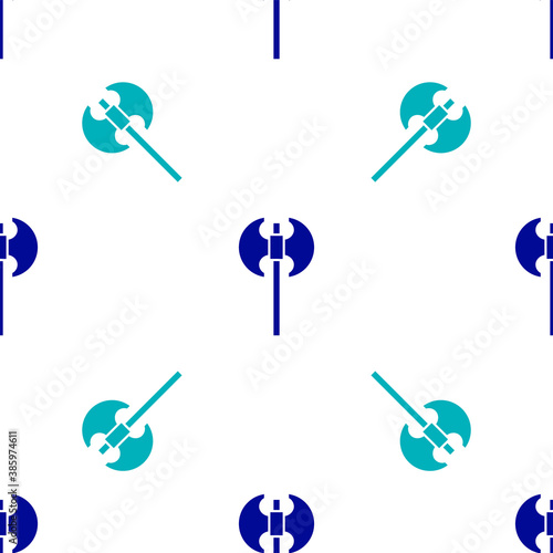 Blue Medieval axe icon isolated seamless pattern on white background. Battle axe, executioner axe. Medieval weapon. Vector.