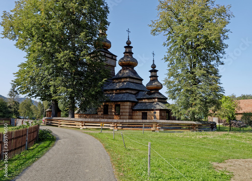 Traditional wooden architecture church built in 1700 year in Beskid Niski region. UNESCO heritage. Kwiaton, Poland, Europe.