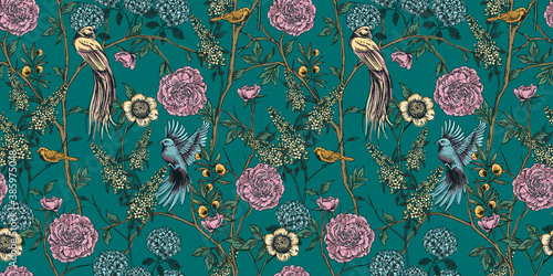 Fototapeta Naklejka Na Ścianę i Meble -  Victorian garden. Floral seamless pattern. Vector illustration.