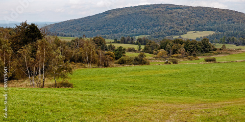 Fototapeta Naklejka Na Ścianę i Meble -  Landscape of Beskid Niski mountains. Regietow Wyzny in Lesser Poland. Grassy land and forested mountain hill. European nature landscape.