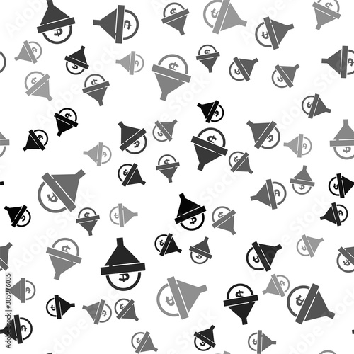 Black Lead management icon isolated seamless pattern on white background. Funnel with money. Target client business concept. Vector.