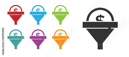 Black Lead management icon isolated on white background. Funnel with money. Target client business concept. Set icons colorful. Vector.
