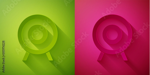 Paper cut Target sport icon isolated on green and pink background. Clean target with numbers for shooting range or shooting. Paper art style. Vector.