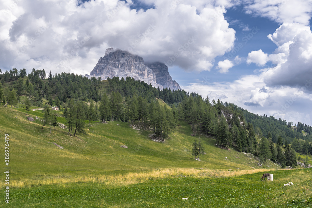 Monte Pelmo, a mountain of the Dolomites, resembles a giant rock, isolated from other peaks, as seen from Col dei Baldi (Baldi pass) above Alleghe village, Province of Belluno, South Tirol, Italy.
