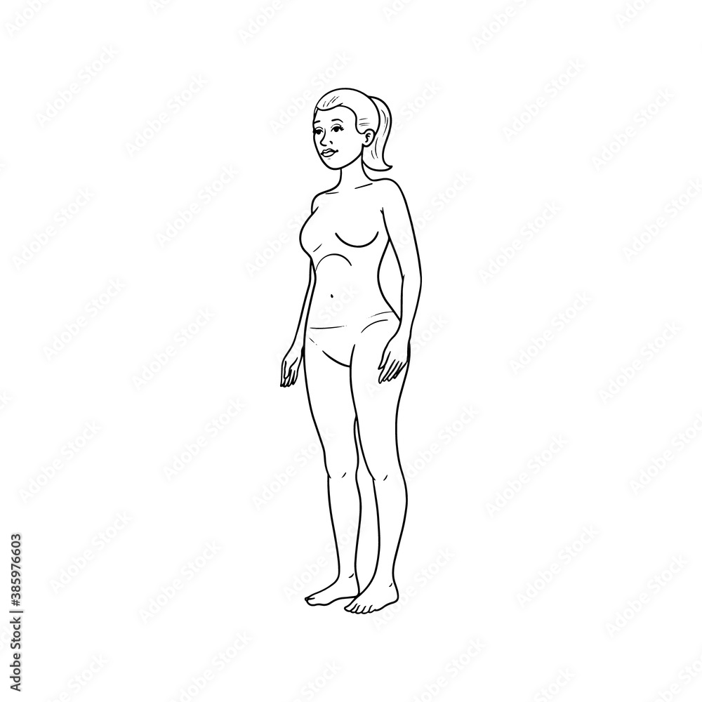 monochrome illustration of a woman diagonally from the side. anatomy, comic, avatar.