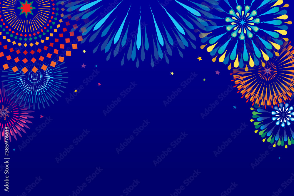 Vector illustration of a festive colorful fireworks display  at night scene for holiday and celebration background design. - obrazy, fototapety, plakaty 