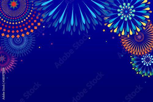 Vector illustration of a festive colorful fireworks display  at night scene for holiday and celebration background design.