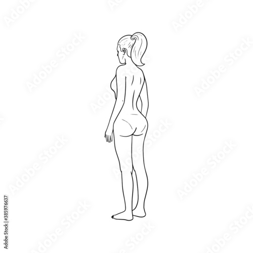 monochrome illustration of a woman at an angle from behind. Anatomy, cartoon, avatar.