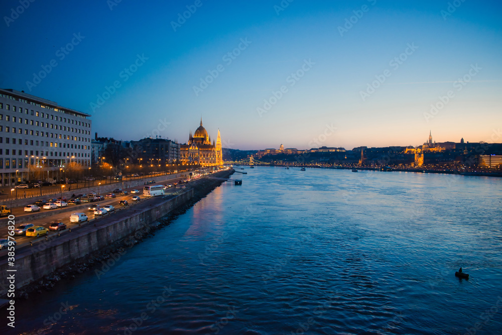 Hungarian parliament side view at dusk, Budapest, Hungary Hungarian parliament side view at dusk, Budapest, Hungary