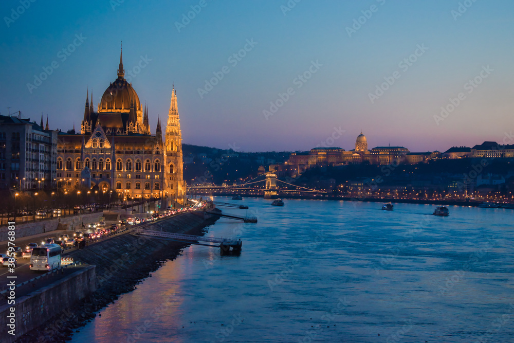 Hungarian parliament side view at dusk, Budapest, Hungary