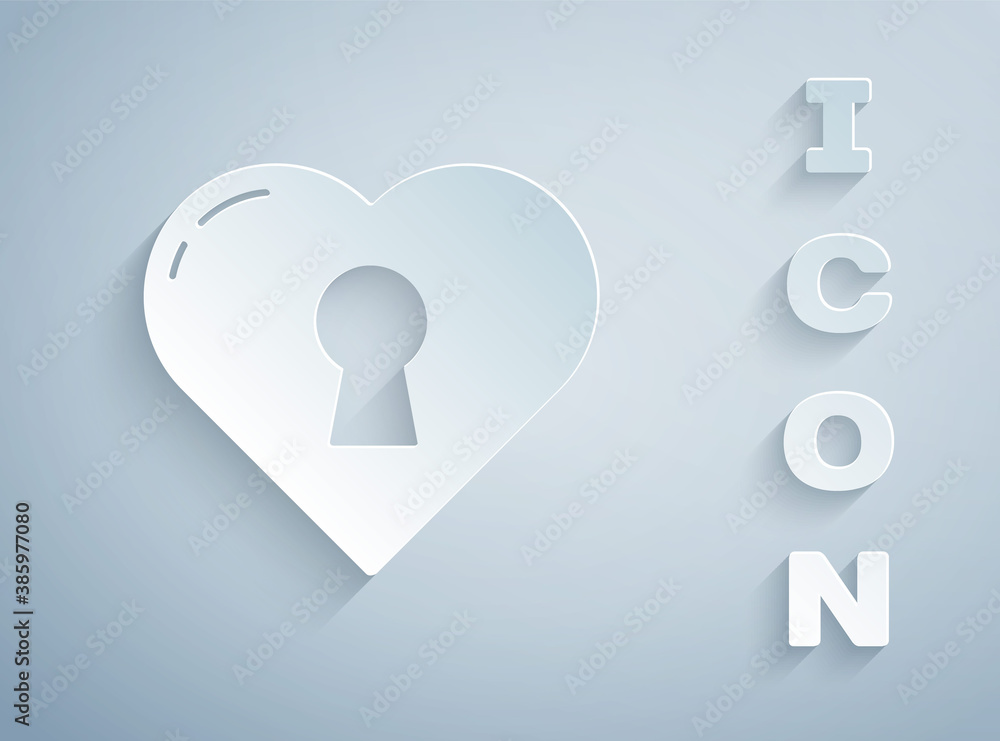 Paper cut Heart with keyhole icon isolated on grey background. Locked Heart. Love symbol and keyhole sign. Paper art style. Vector. Paper cut Heart with keyhole icon isolated on grey background. Locked Heart. Love symbol and keyhole sign. Paper art style. Vector.