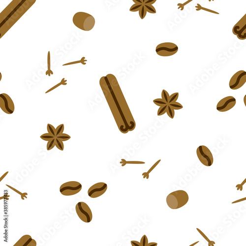 Seamless pattern with cinnamon, star anise, cloves, nutmeg and coffee beans isolated on white - background with spices