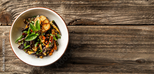 Εκτύπωση καμβά Vegetarian Salad with Baked Vegetables spicy stew eggplant in Korean style with green onion, Close Up