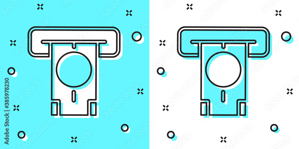 Black line ATM - Automated teller machine and money icon isolated on green and white background. Random dynamic shapes. Vector. Black line ATM - Automated teller machine and money icon isolated on green and white background. Random dynamic shapes. Vector.