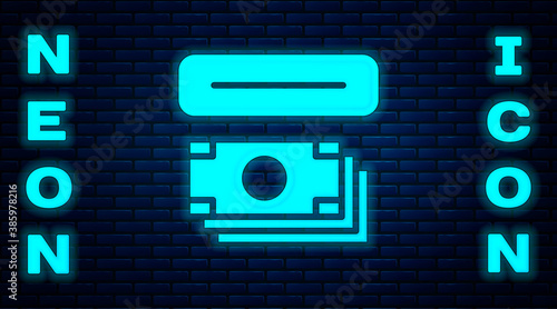 Glowing neon ATM - Automated teller machine and money icon isolated on brick wall background. Vector.