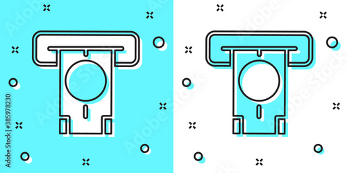 Black line ATM - Automated teller machine and money icon isolated on green and white background. Random dynamic shapes. Vector.
