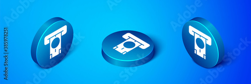 Isometric ATM - Automated teller machine and money icon isolated on blue background. Blue circle button. Vector.