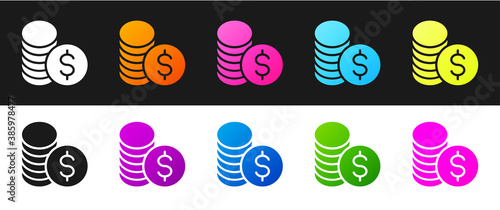 Set Coin money with dollar symbol icon isolated on black and white background. Banking currency sign. Cash symbol. Vector.