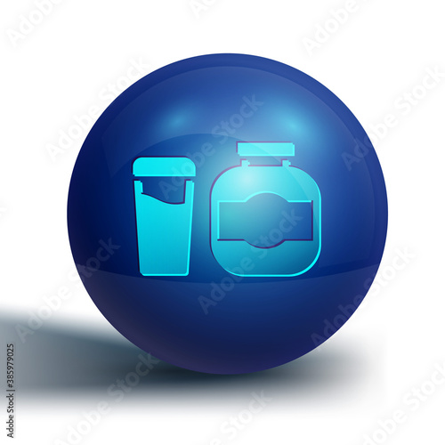 Blue Sports nutrition bodybuilding proteine power drink and food icon isolated on white background. Blue circle button. Vector.