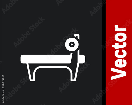 White Bench with barbel icon isolated on black background. Gym equipment. Bodybuilding, powerlifting, fitness concept. Vector.