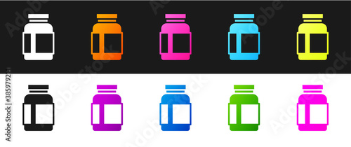 Set Sports nutrition bodybuilding proteine power drink and food icon isolated on black and white background. Vector.
