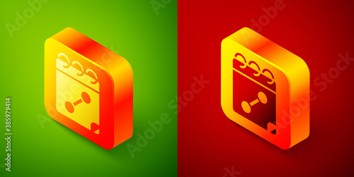 Isometric Calendar fitness icon isolated on green and red background. Training schedule. Square button. Vector.