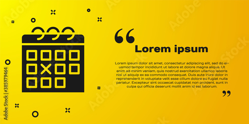 Black Calendar fitness icon isolated on yellow background. Training schedule. Vector.