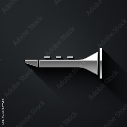 Silver Clarinet icon isolated on black background. Musical instrument. Long shadow style. Vector.