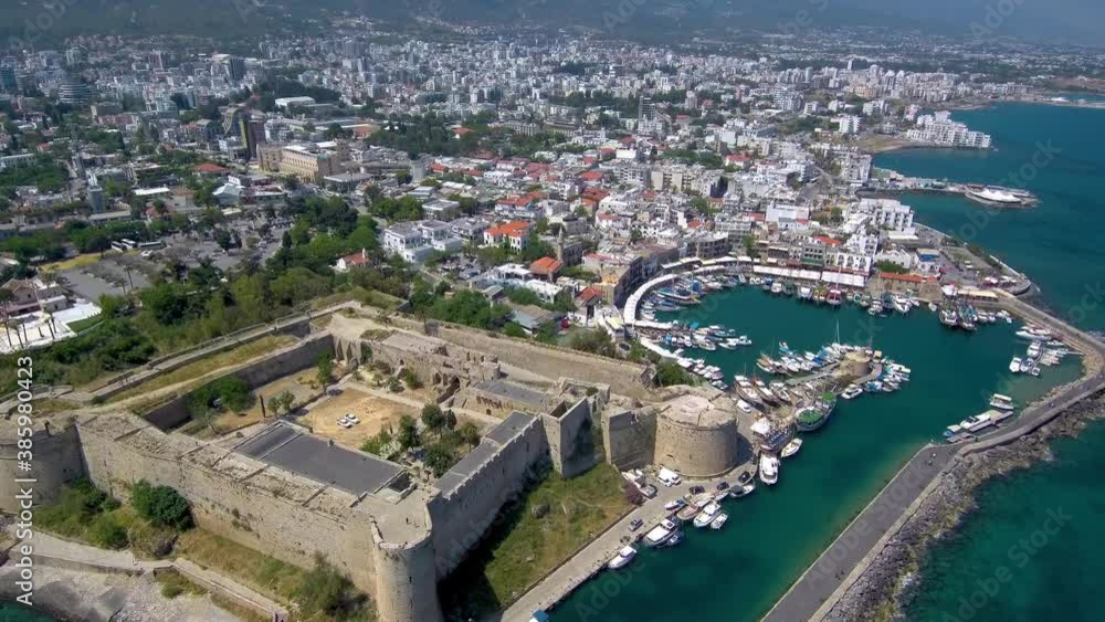 Kyrenia (Girne) castle and harbour - North Cyprus aerial view sunny weather in May 2019 Kyrenia (Girne) castle and harbour - North Cyprus aerial view sunny weather in May 2019