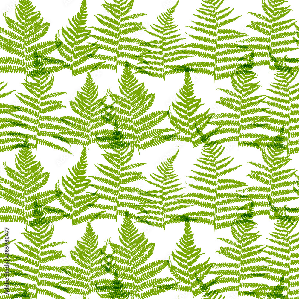 Seamless pattern with overlapping green fern leaves on white - natural background for textile design