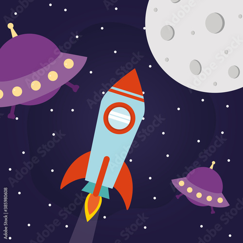 Space rocket with ufos and moon on starry background vector design