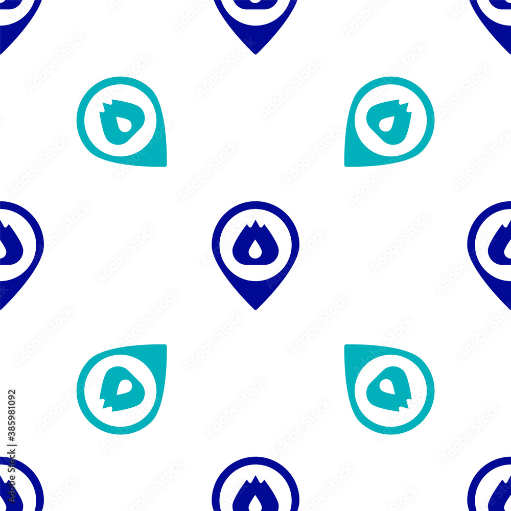 Blue Map pointer with fire flame icon isolated seamless pattern on white background. Fire nearby. Vector. Blue Map pointer with fire flame icon isolated seamless pattern on white background. Fire nearby. Vector.